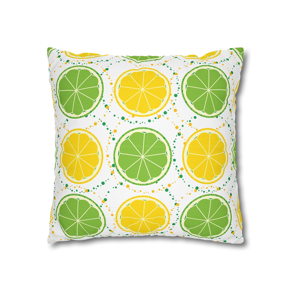 Thumbnail: Cushion cover with bright lemon and lime slice pattern in yellow and green on a white background, accented with colorful dots