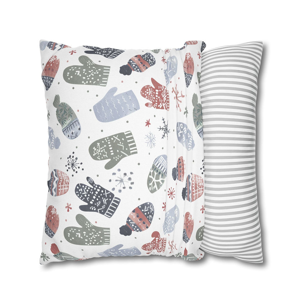 Thumbnail: White pillow cover with scattered winter mittens, snowflakes, and hats in red, green, blue, and gray tones