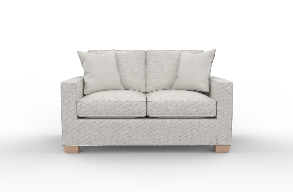 Thumbnail: Front-facing view of a compact two-seater loveseat with two back cushions and two seat cushions, featuring square track arms,