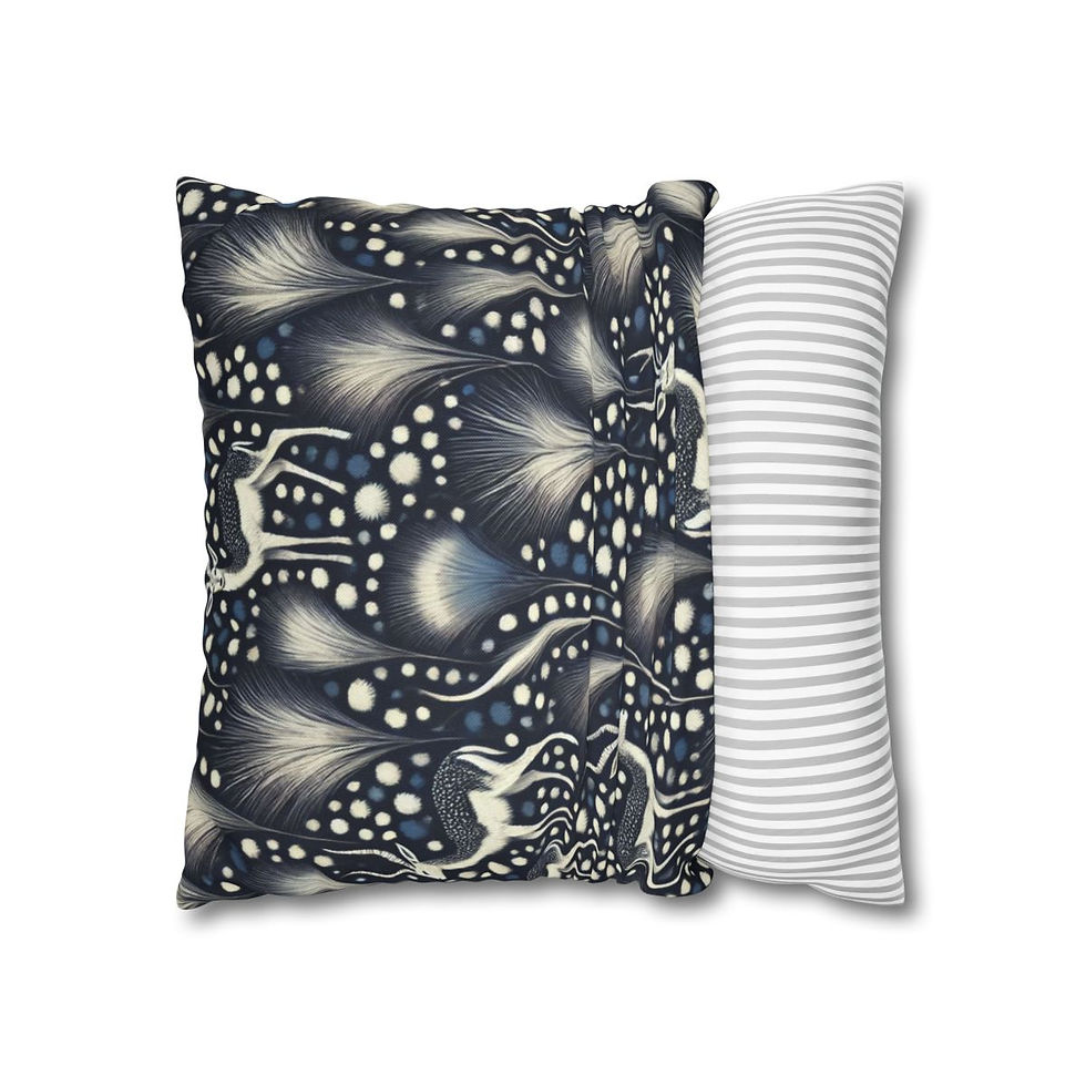 Decorative cushion cover with a dark background, featuring white deer and abstract forest foliage.