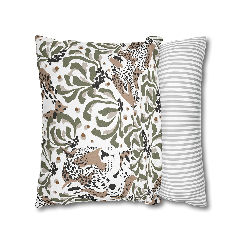 Thumbnail: Pillow cover with a bold jungle-inspired design featuring leopards and green leafy patterns on a white background.