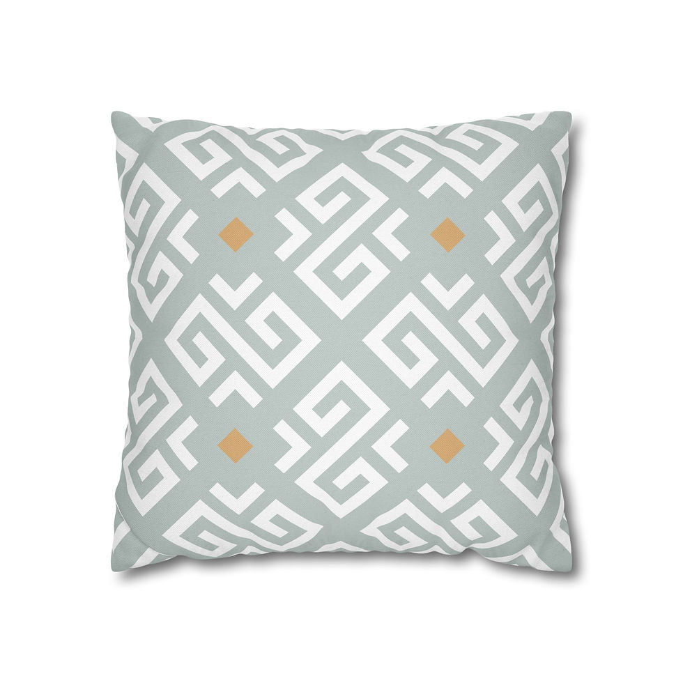 Square throw pillow with sage green geometric diamond patterns and mustard accents, ideal for modern and chic home decor.