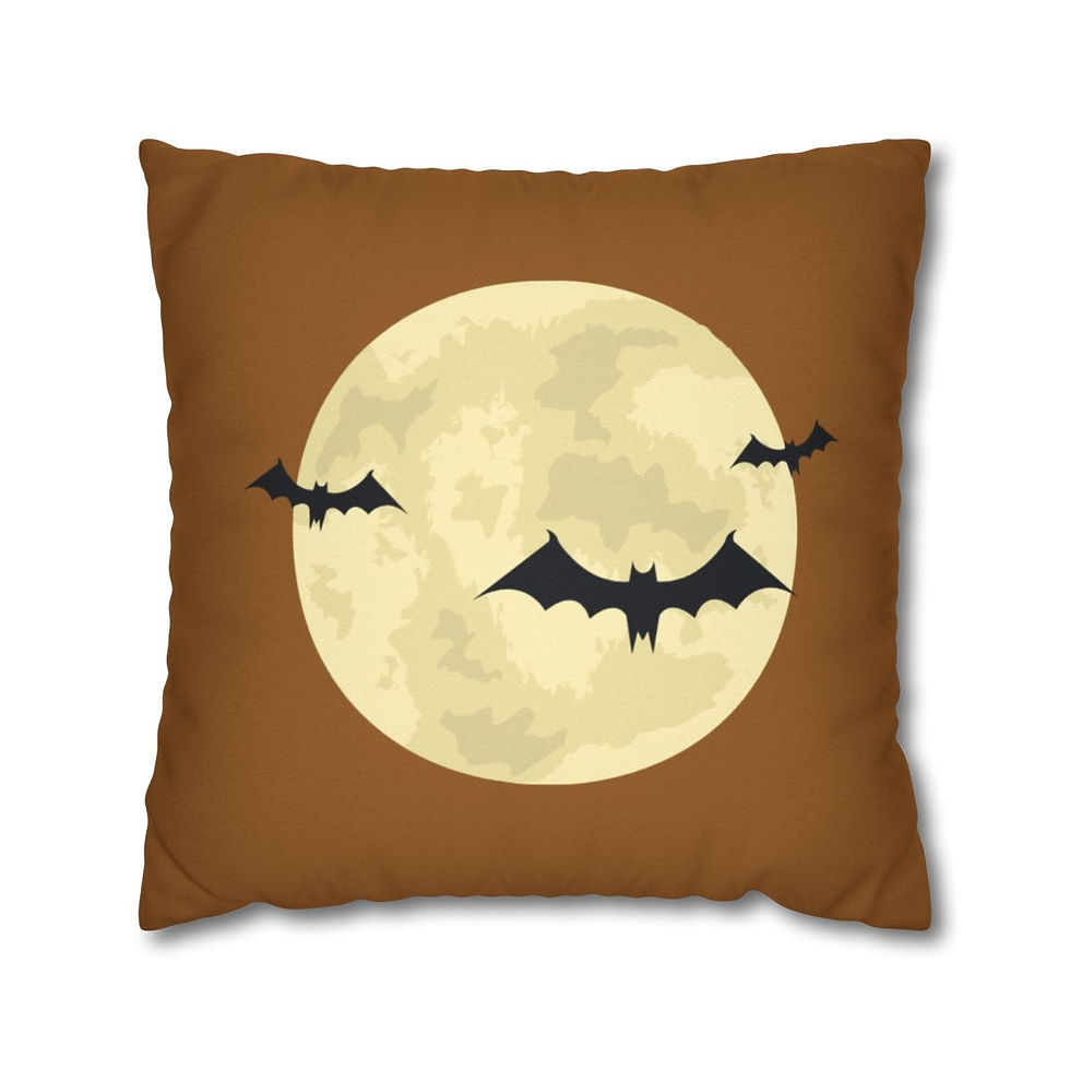 Pillow cover with black bats flying in front of a full moon on a brown background.
