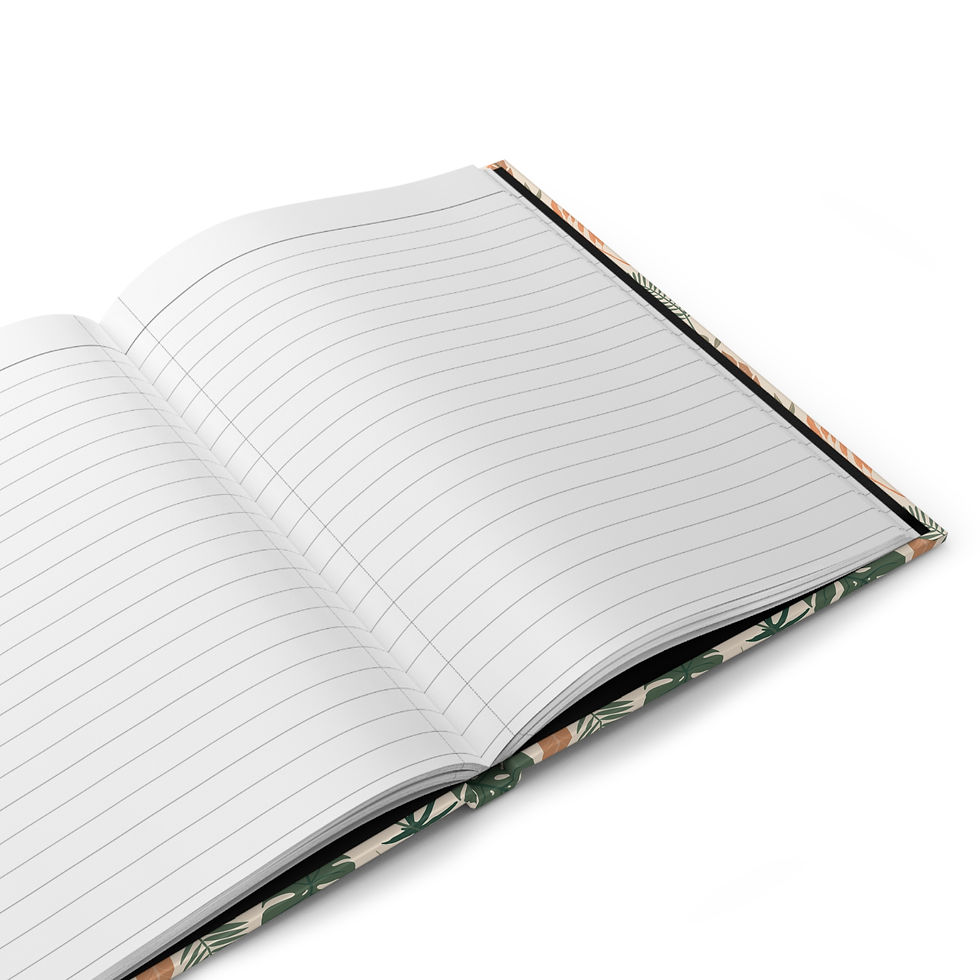 Thumbnail: Hard cover journal with a tropical leaf pattern in earthy tones of green, orange, and brown on a light beige background.