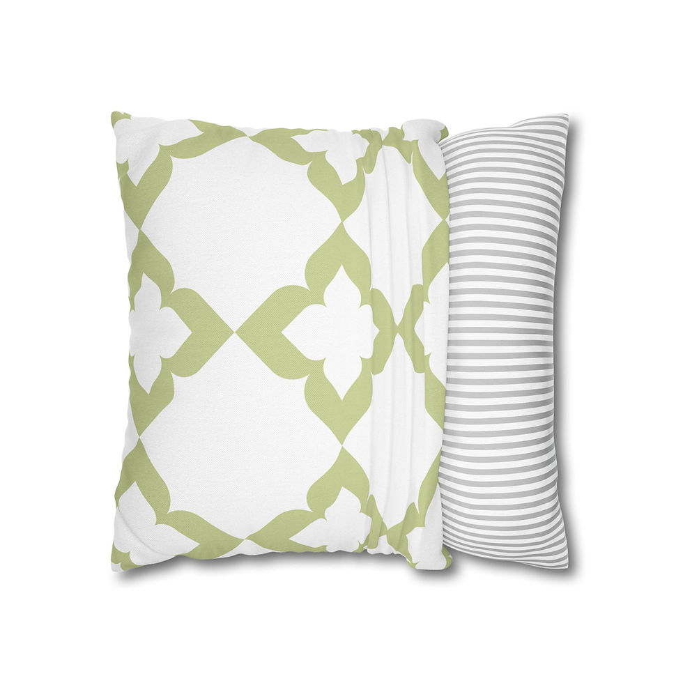 Cushion cover with olive green lattice floral pattern on a crisp white background, ideal for modern or minimalist interiors.