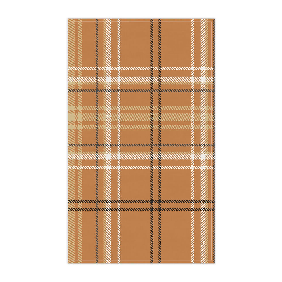 Chestnut brown tea towel with cream, beige, and black tartan plaid pattern.