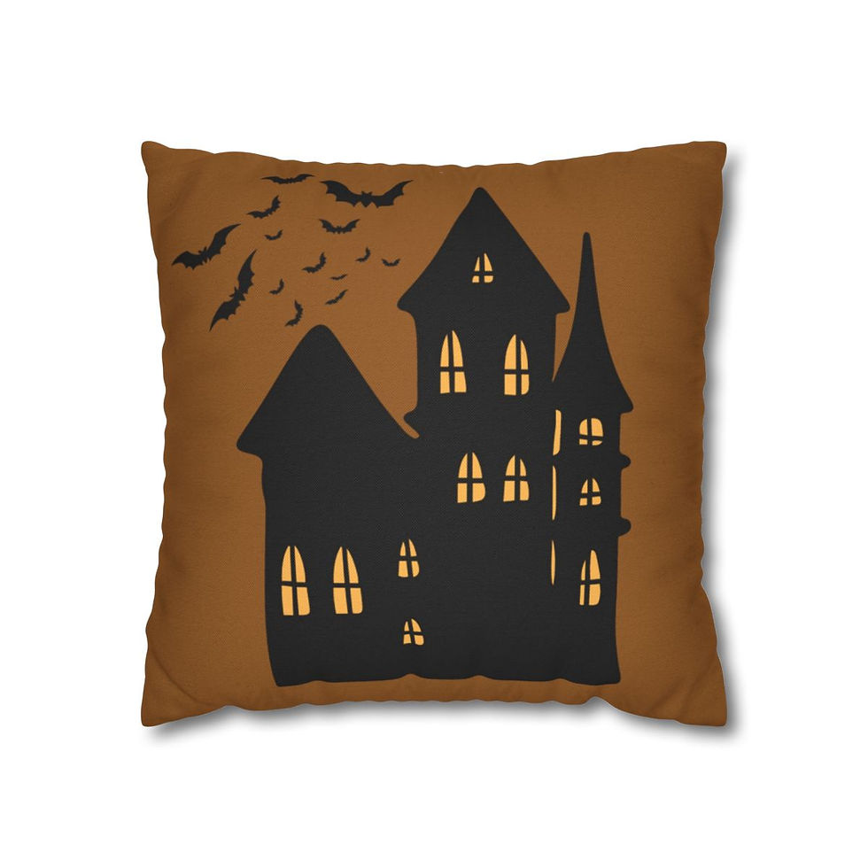 Pillow cover with a black haunted house silhouette and flying bats on a brown background.