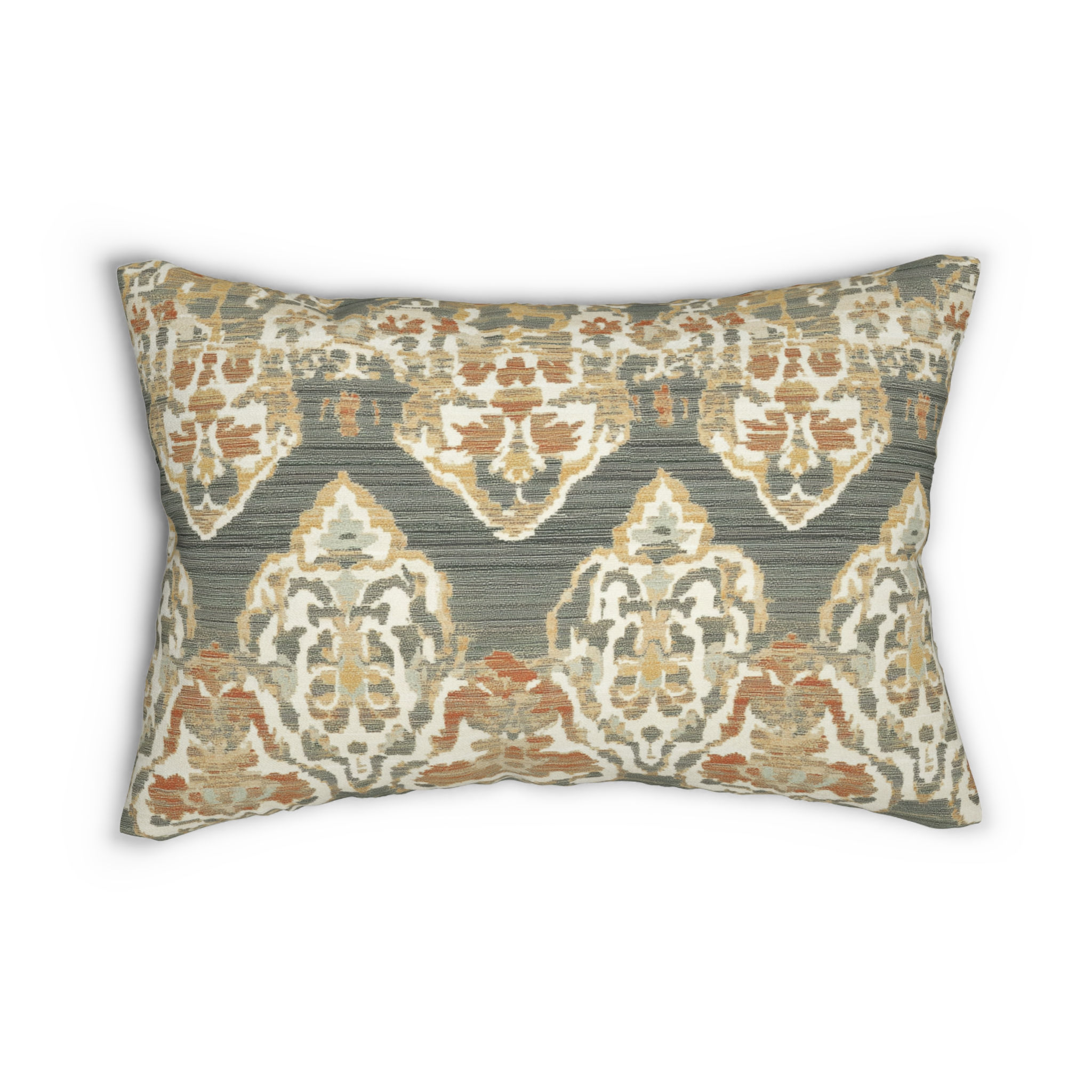 Vintage lumbar cushion with earth-tone ikat pattern in rust, cream, taupe, and slate grey.
