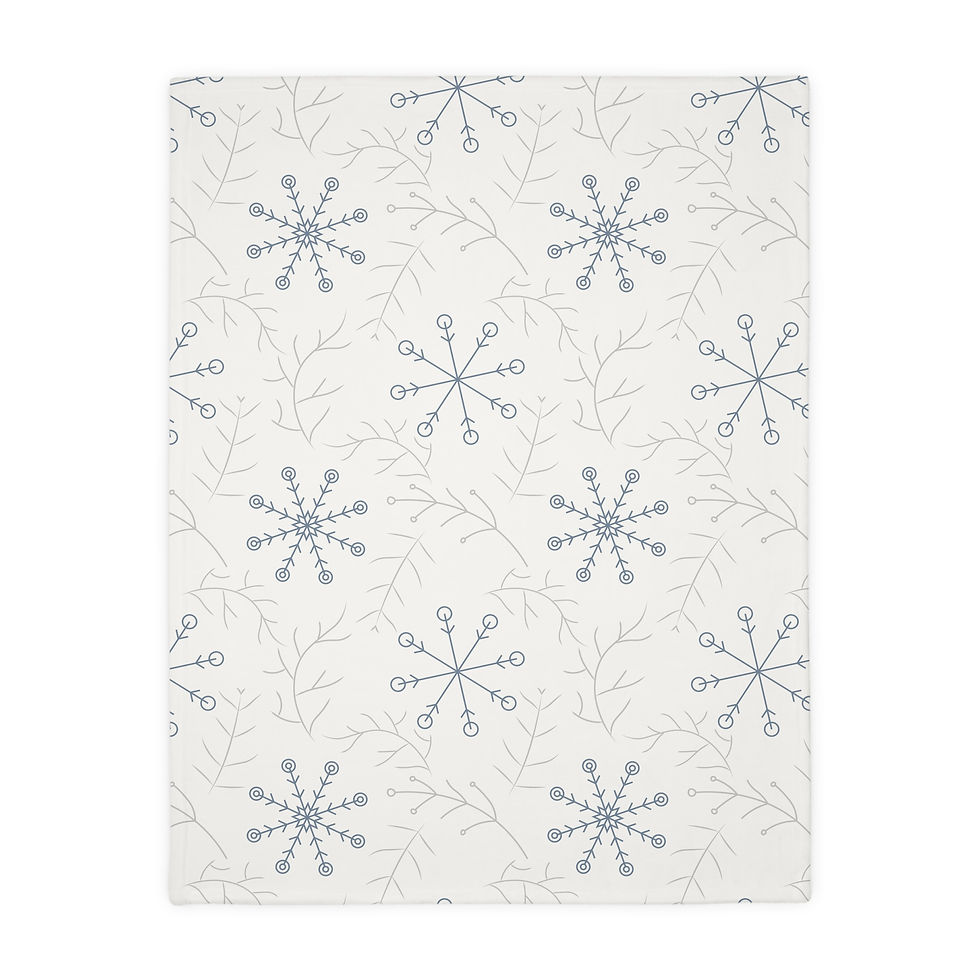 Velveteen microfiber blanket with light blue snowflakes and soft gray forest branches on a white winter-themed background