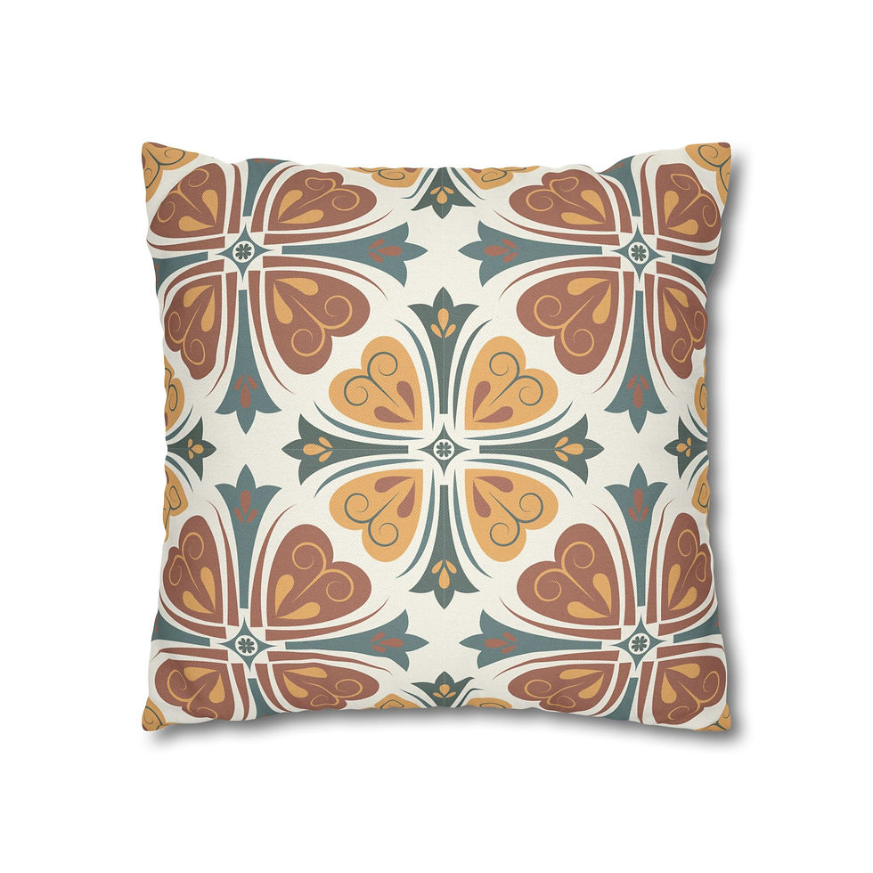 Thumbnail: Clover-pattern pillow cover in rust, mustard, and teal tones on a cream background, inspired by Mediterranean design.