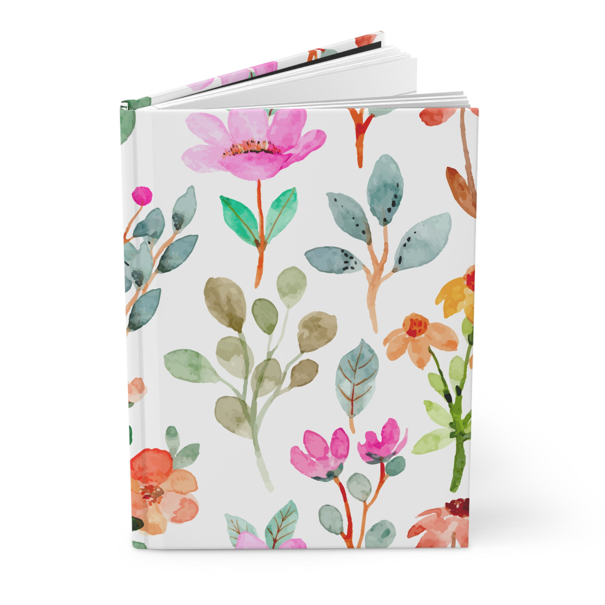 Hard cover journal with a vibrant watercolor floral design featuring various colorful flowers & leaves on a white background.