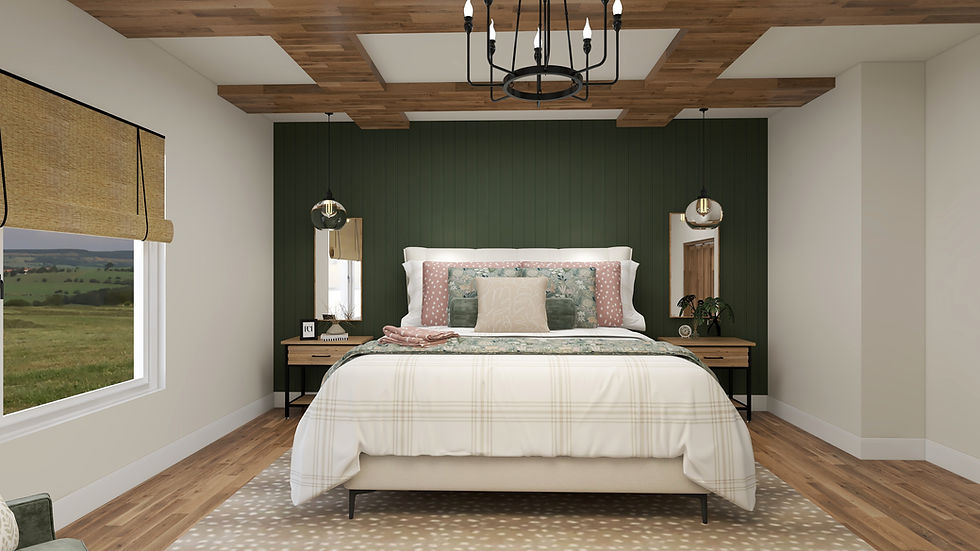 Photorealistic 3D rendering of The Meadow Retreat full primary bedroom layout with black iron chande