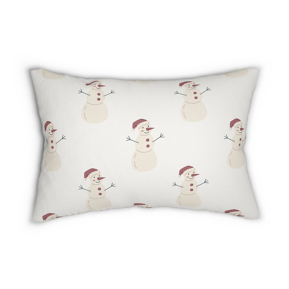 Cream lumbar cushion with repeating pattern of smiling snowmen wearing Santa hats and red buttons in a festive design