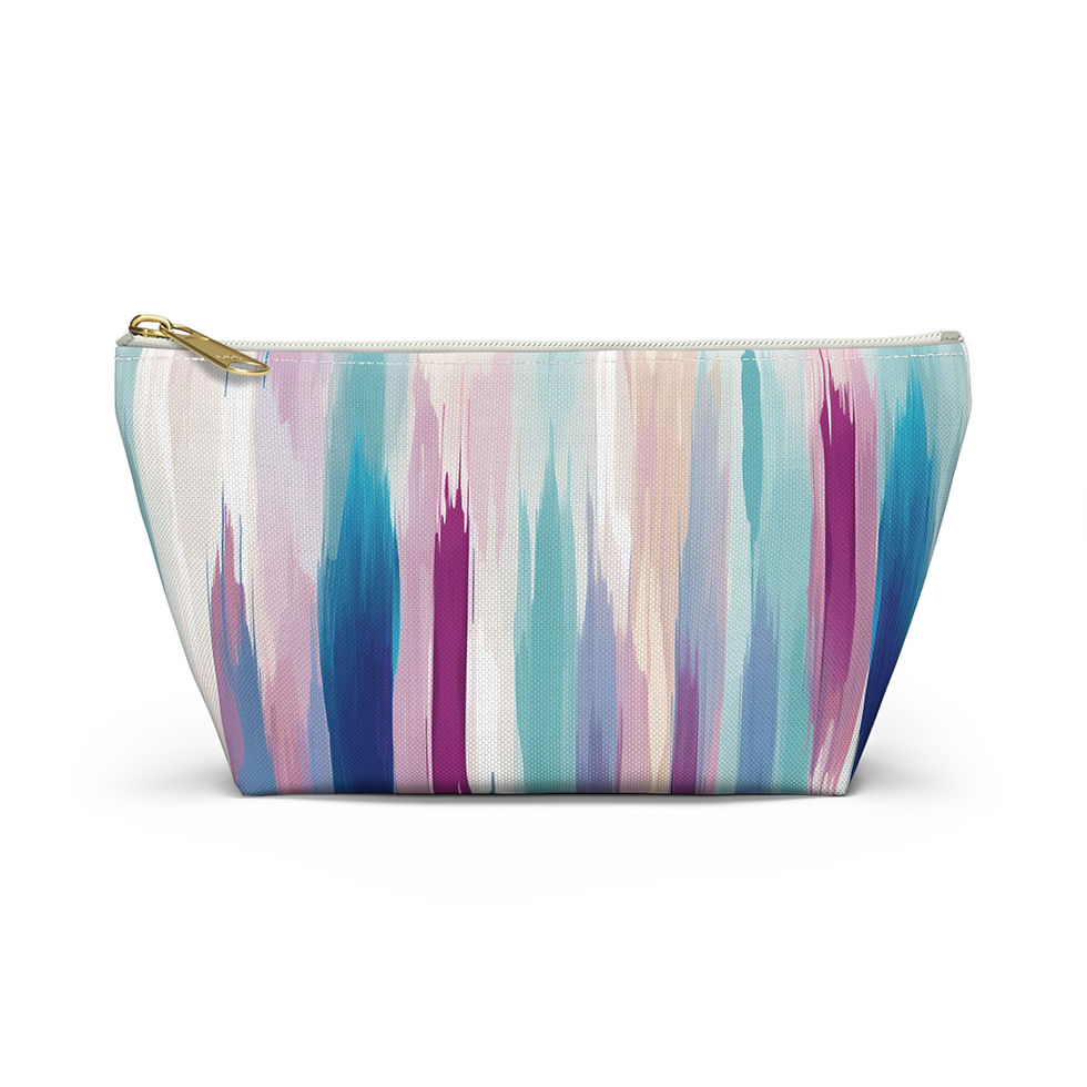 Thumbnail: A stylish accessory pouch featuring a watercolor-inspired abstract pattern in shades of teal, blush, lavender, and plum, with