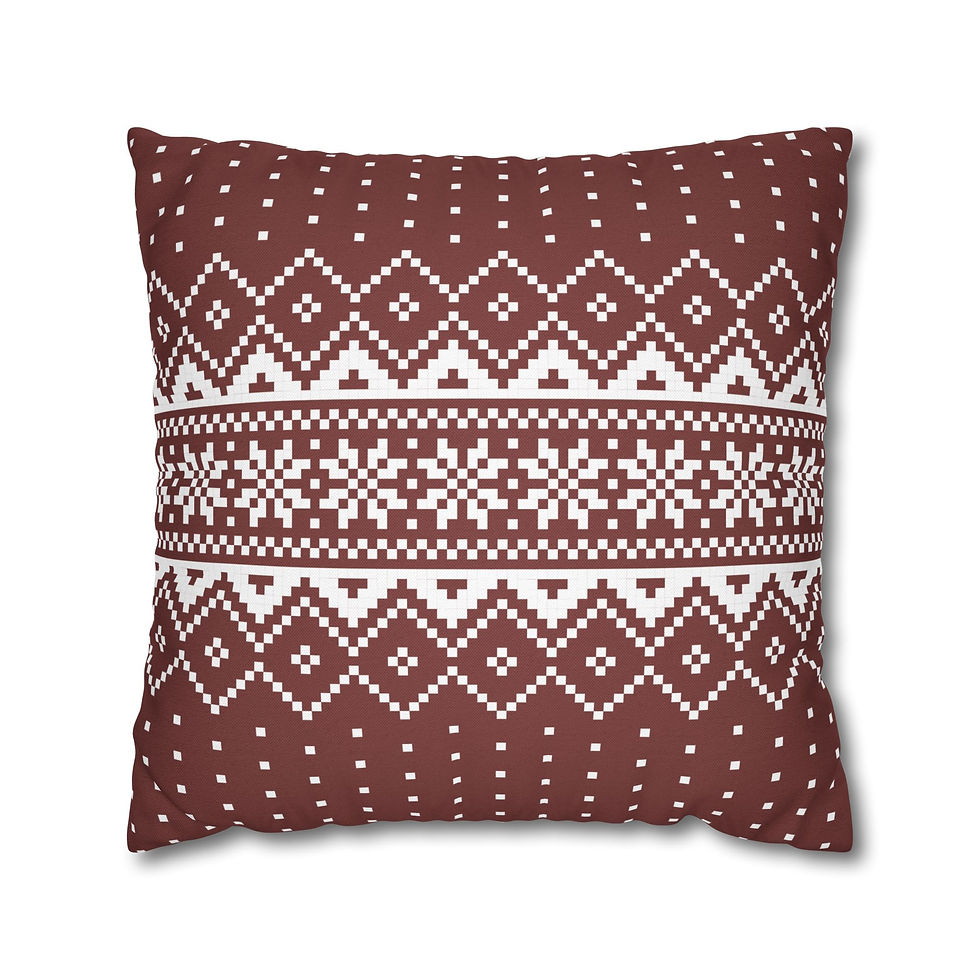 Burgundy holiday pillow cover with white Nordic knit-style snowflakes and geometric winter sweater pattern