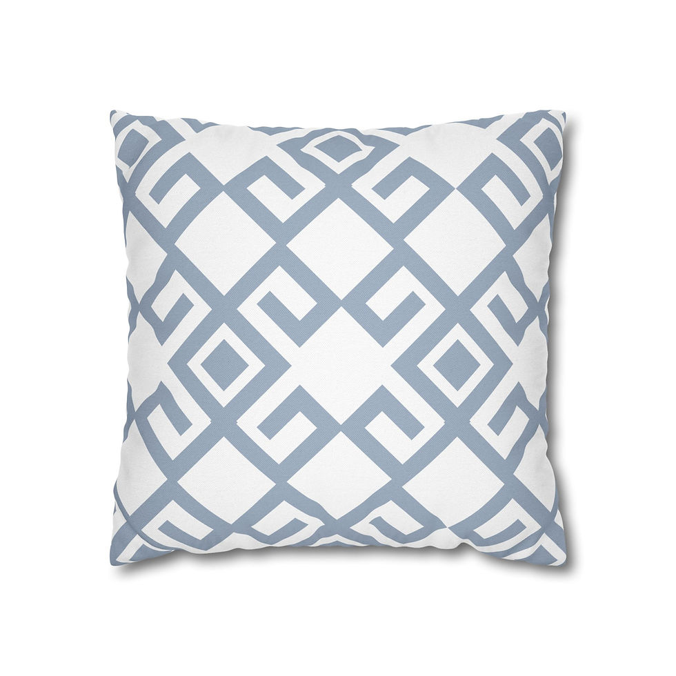 Cushion cover with sky blue geometric lattice pattern on a white background, featuring symmetrical diamond and square shapes.