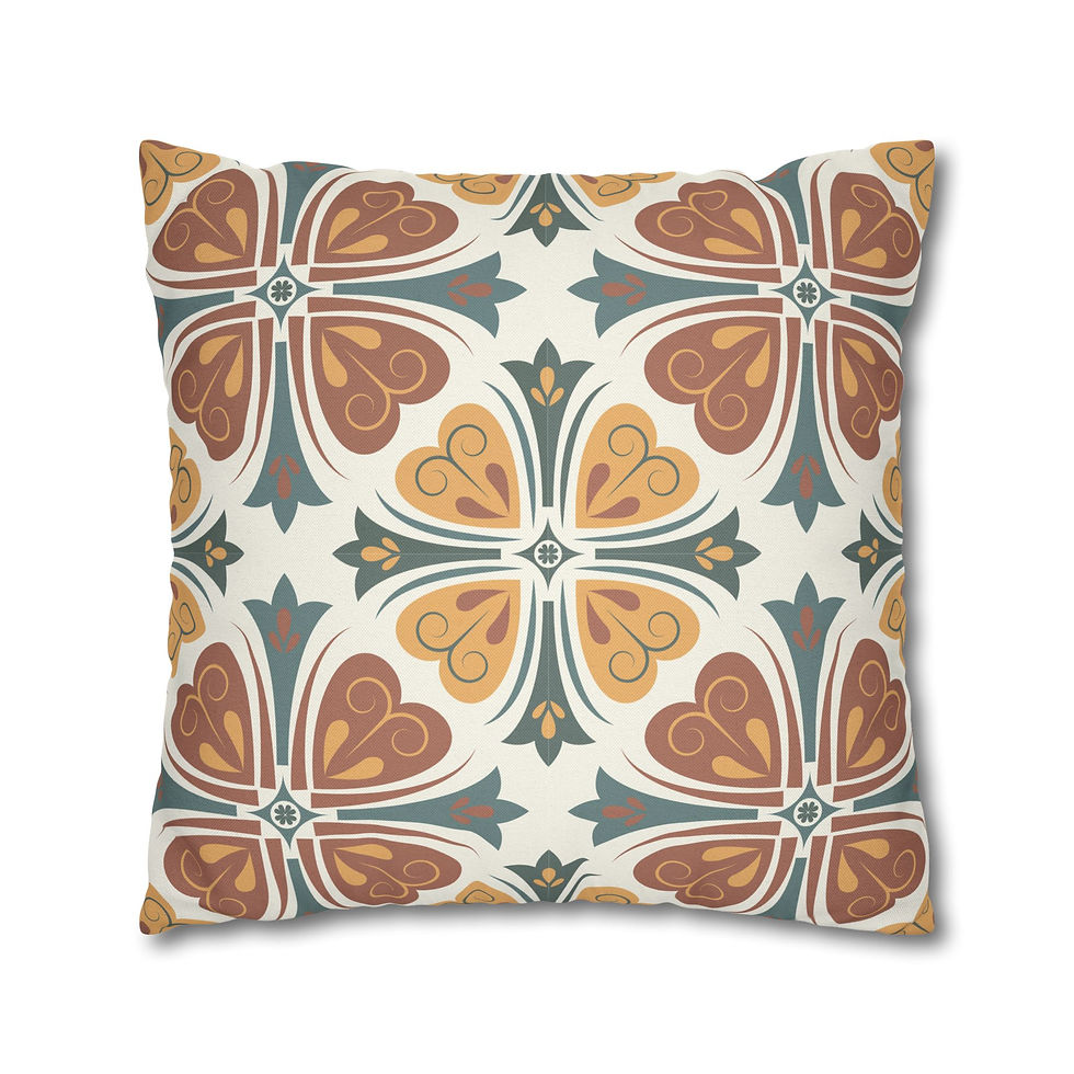 Thumbnail: Clover-pattern pillow cover in rust, mustard, and teal tones on a cream background, inspired by Mediterranean design.