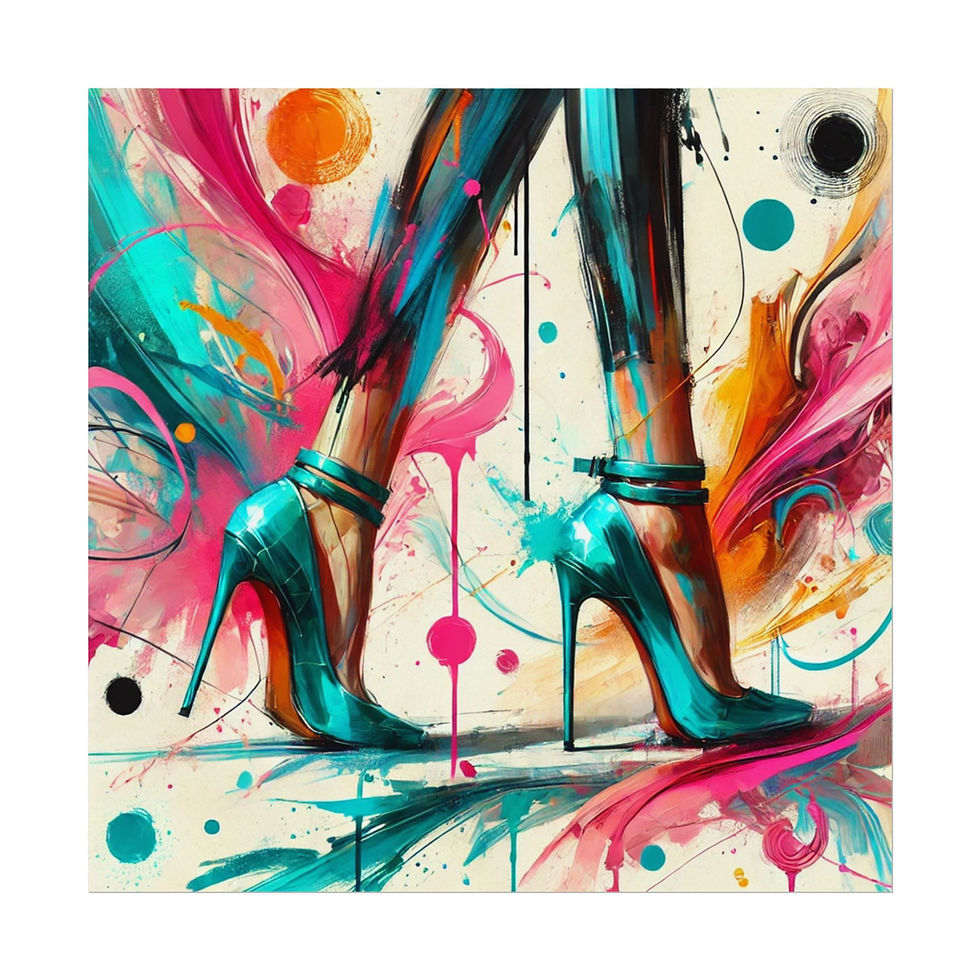 Art print showcasing turquoise high heels with an abstract splash of pink, orange, and teal colors in the background.