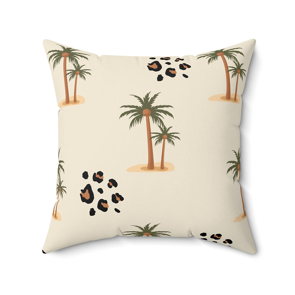 Faux suede pillow with palm trees and leopard print spots on a beige background, perfect for tropical or eclectic home decor.