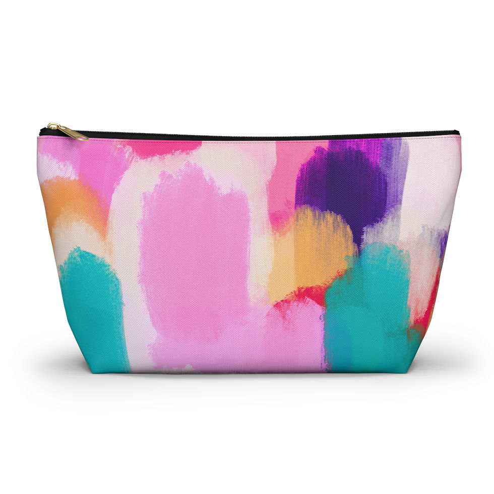 Abstract accessory pouch with bold colorful brushstrokes in pink, teal, purple, and mustard – modern artistic zippered bag.