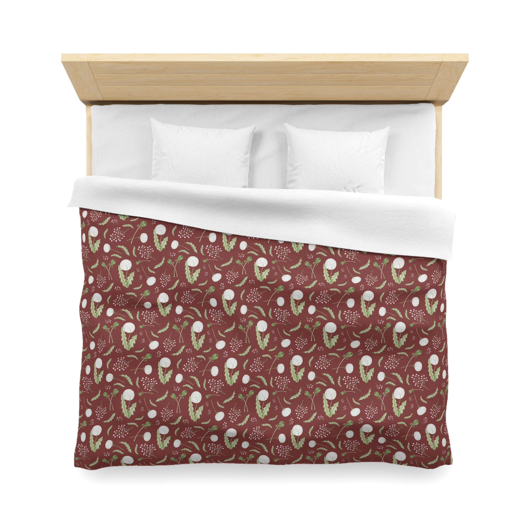 Microfiber duvet cover with white wildflowers, green sprigs, and winter berries on a burgundy red background in a holiday the