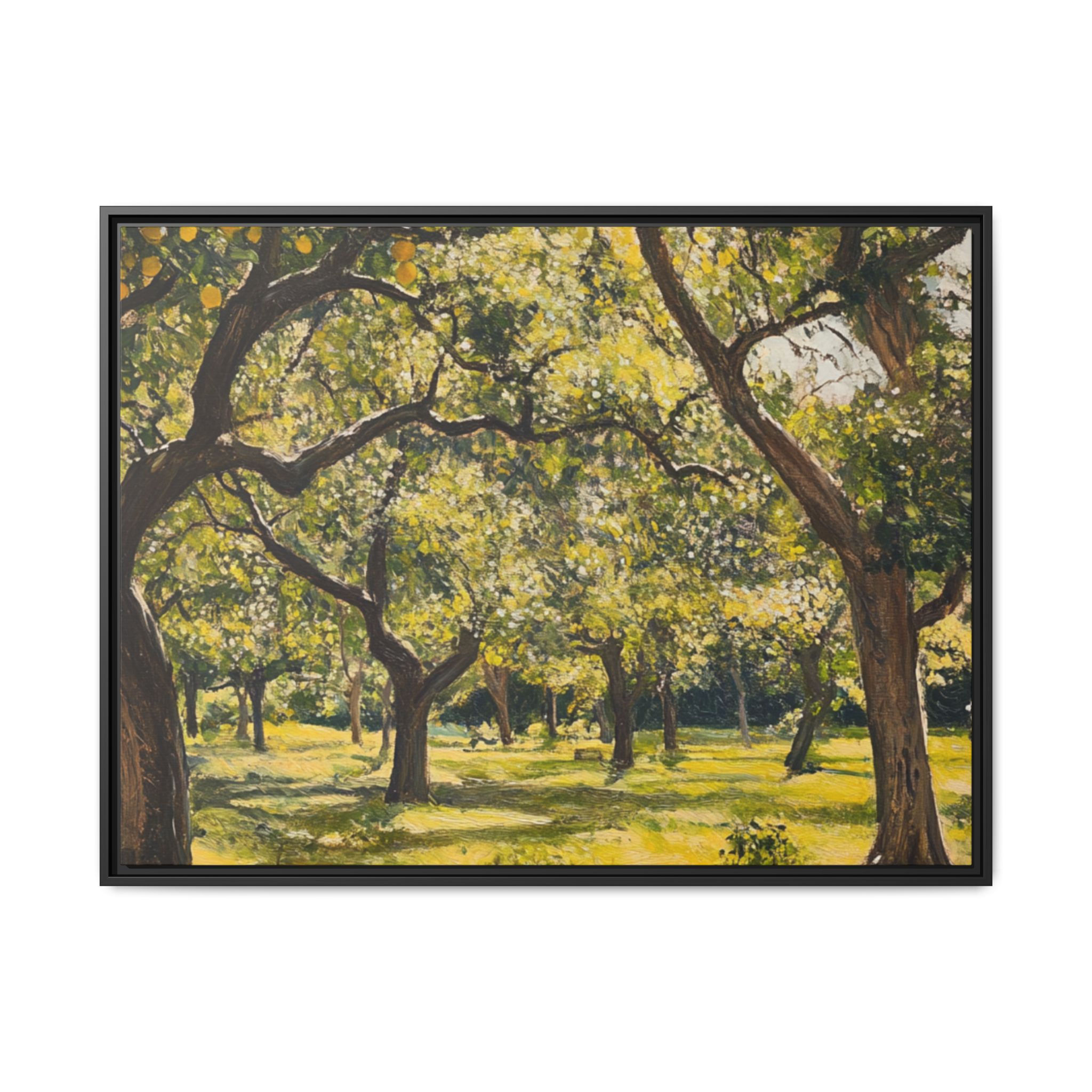 Framed canvas art of a sunlit orchard with tall trees, casting dappled shadows over a peaceful grassy landscape.