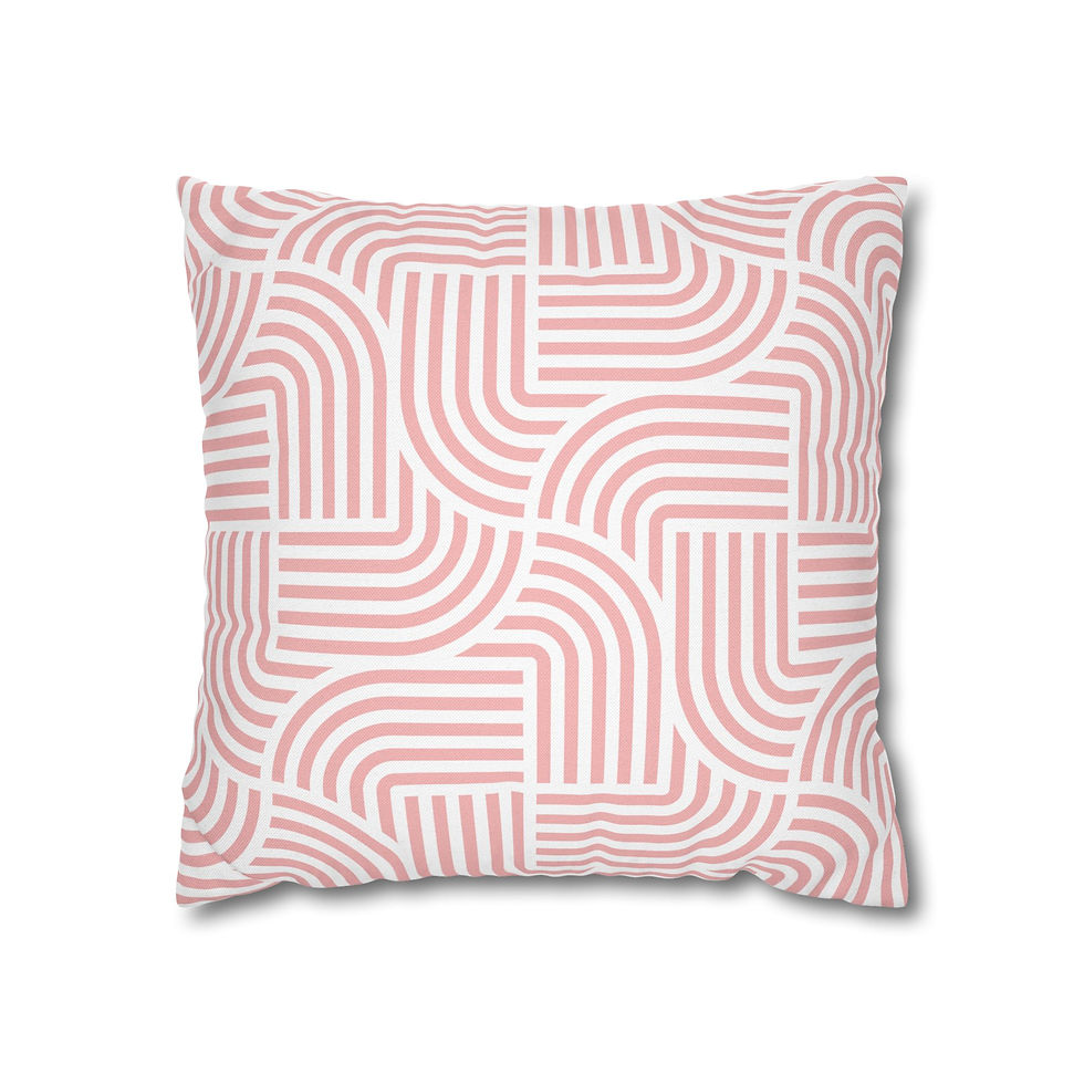 Square throw pillow with blush pink and white geometric curved line patterns, ideal for modern and feminine home decor.