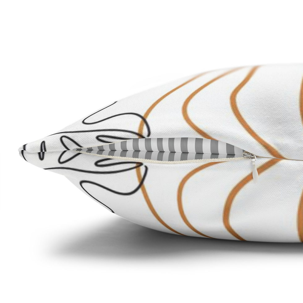 Thumbnail: Square pillow cover with abstract line art patterns in rust, mustard, and sage on a white background.