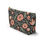 Thumbnail: Floral accessory pouch with blush pink flowers and green leaves on a black background – zippered botanical makeup bag.