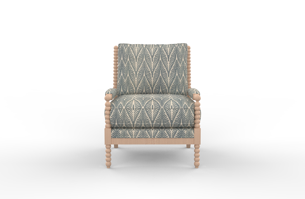 A luxury accent chair featuring a classic stacked ball wood frame in a wheat finish with a plush loose box seat and back cush
