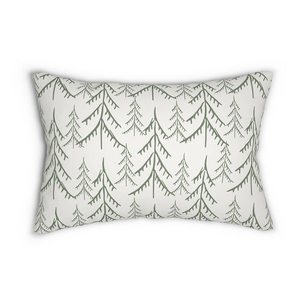 White lumbar cushion with repeating green evergreen tree line illustrations in a minimalist winter forest pattern