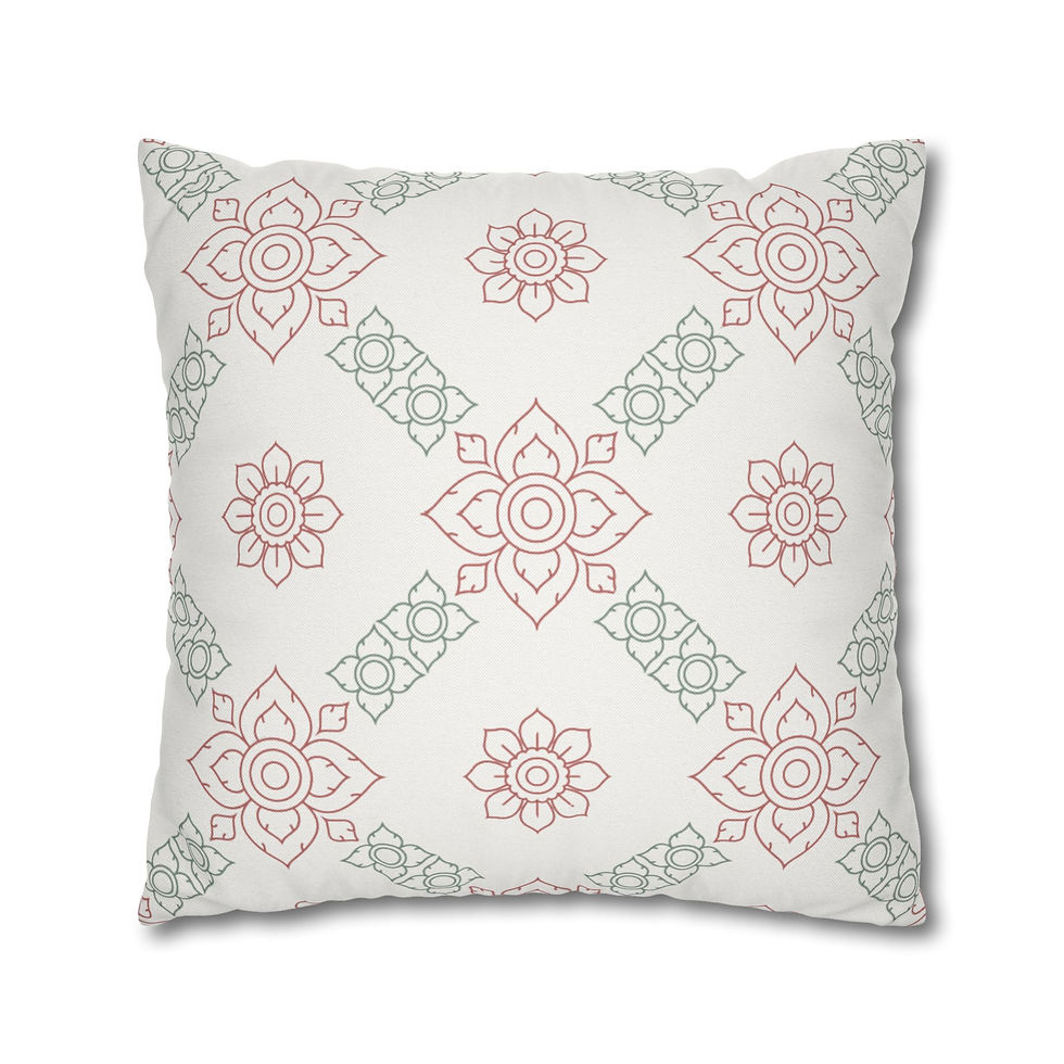 Thumbnail: Holiday-themed cushion cover with blush red and sage lotus floral patterns on a white background