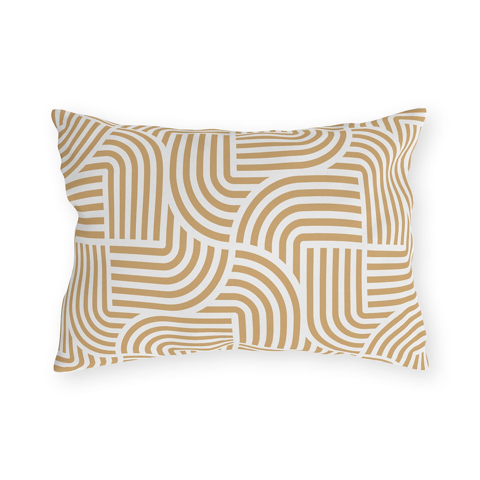 Thumbnail: Outdoor pillow with a modern tan and white geometric line pattern, ideal for adding a chic touch to patios or garden seating.
