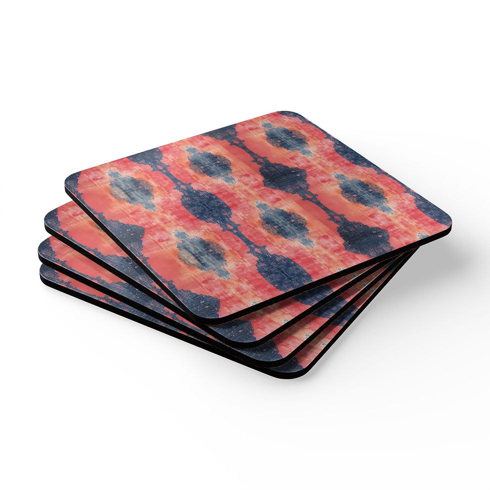 Square coaster with a vibrant boho ikat pattern in navy blue and coral red, perfect for stylish home decor and drink protecti