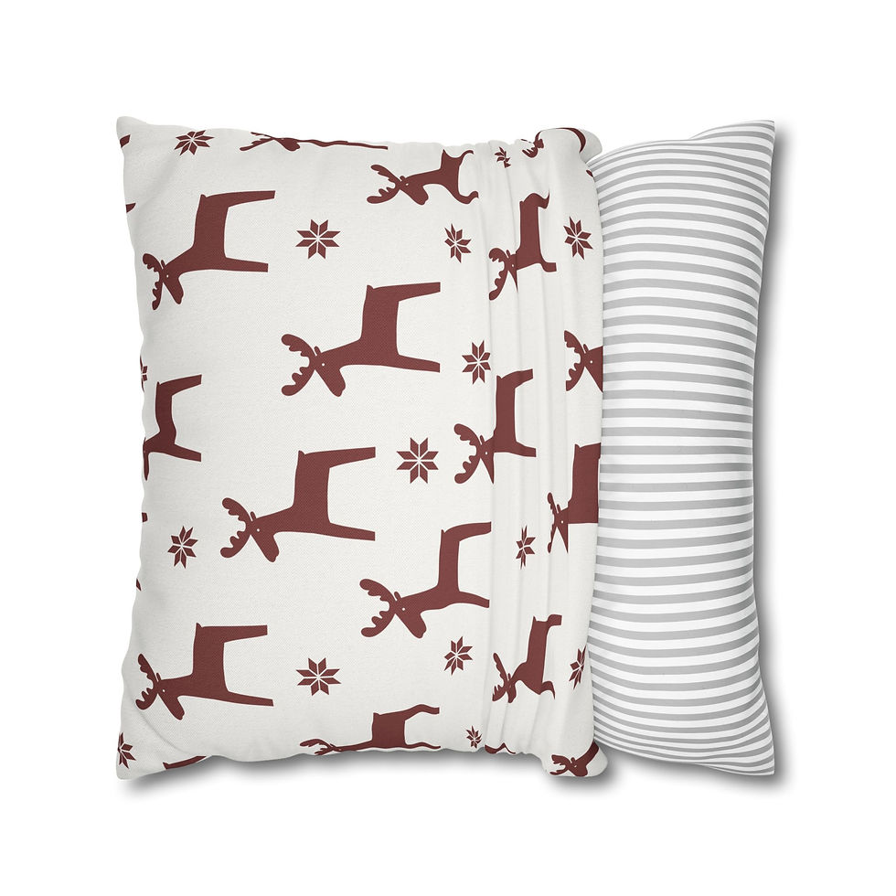 Minimalist Christmas pillow cover with red-brown reindeer and snowflake design on white fabric