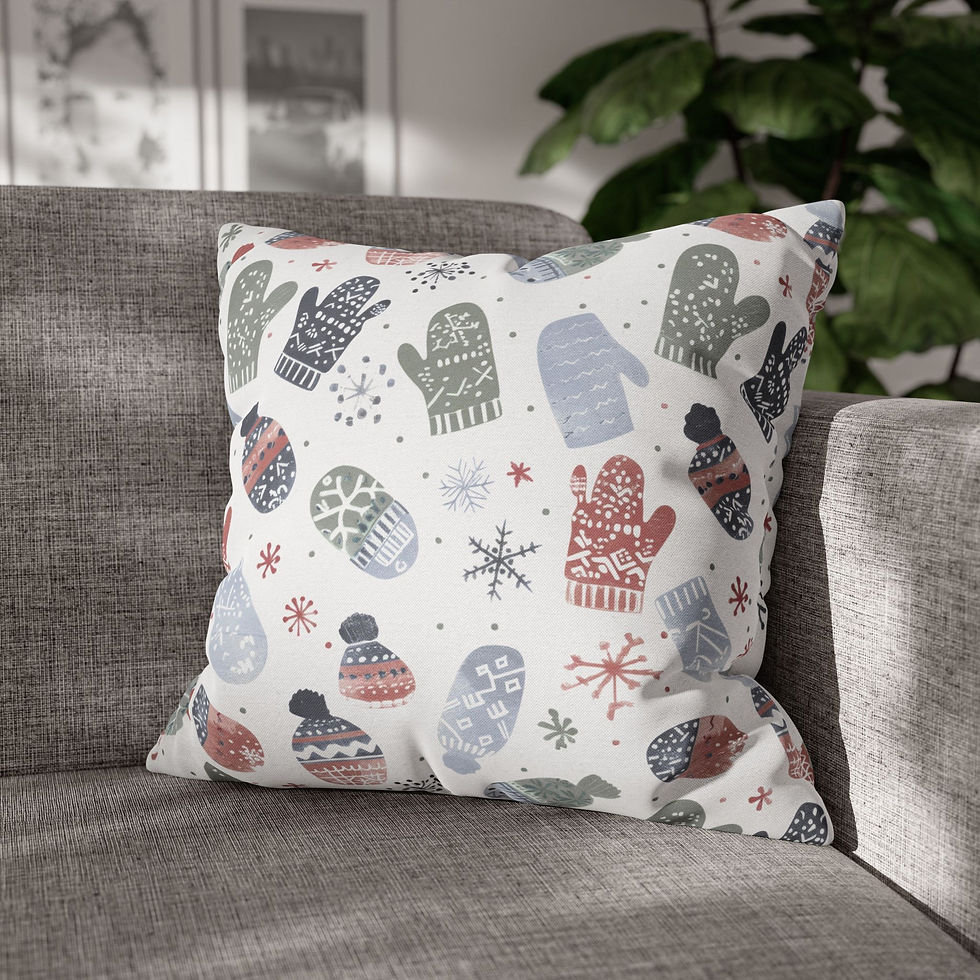Thumbnail: White pillow cover with scattered winter mittens, snowflakes, and hats in red, green, blue, and gray tones