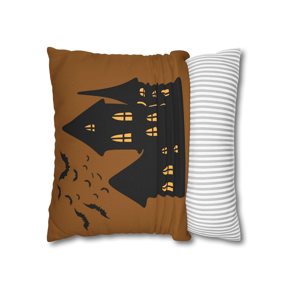 Pillow cover with a black haunted house silhouette and flying bats on a brown background.