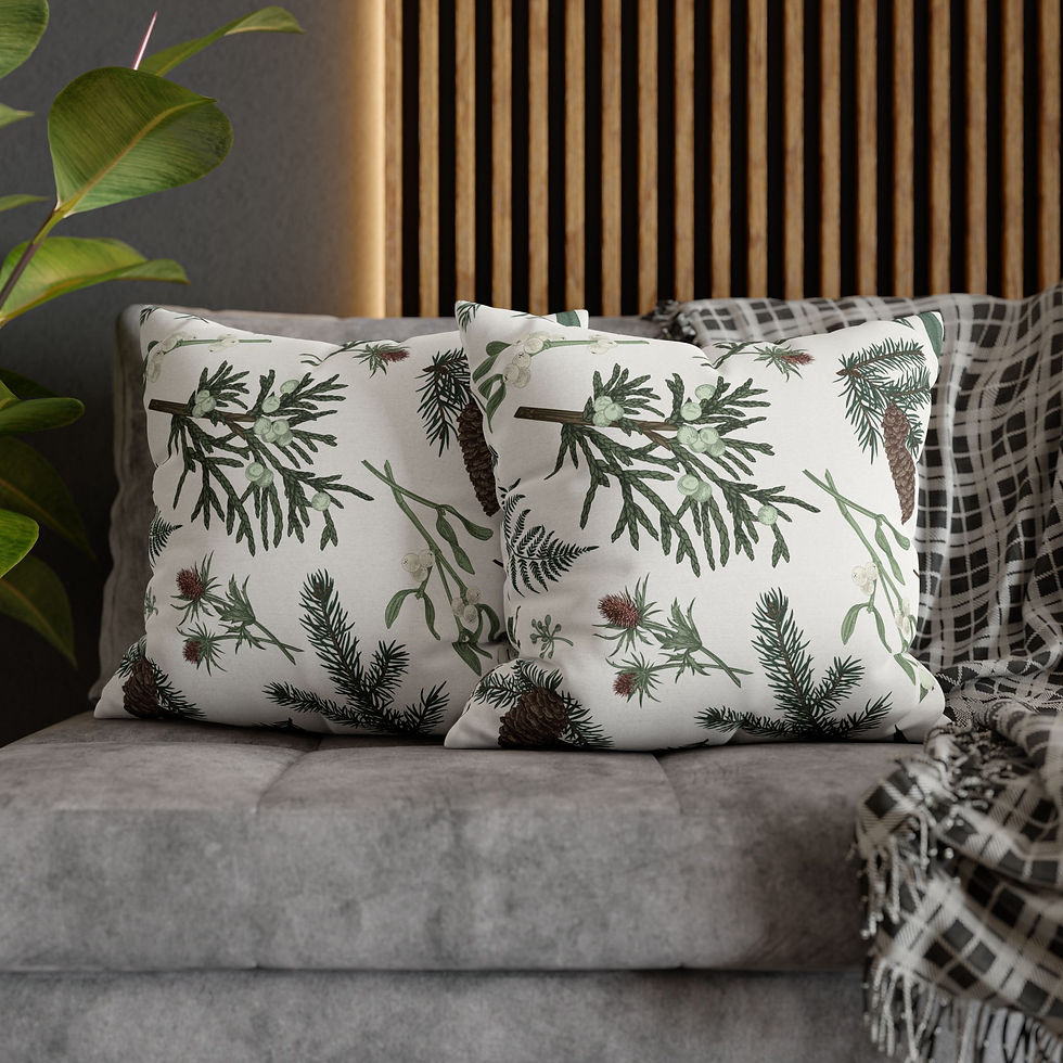 Thumbnail: Holiday cushion cover with pine branches, mistletoe, cones, and botanical greenery on a white background
