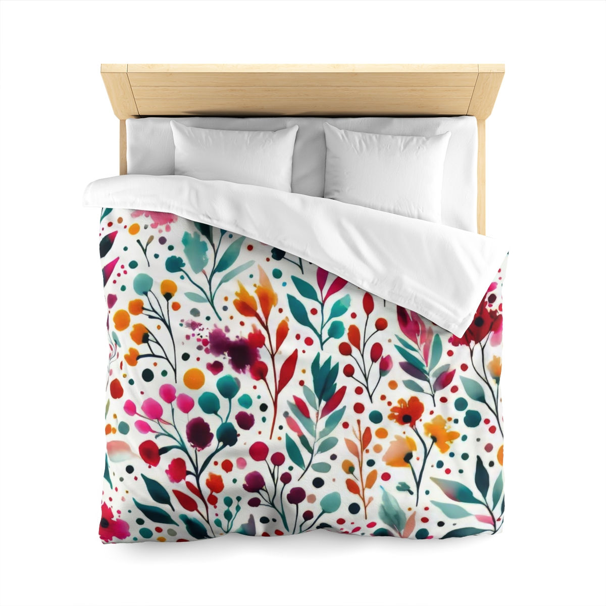 Duvet cover with vibrant watercolor floral patterns in pink, teal, orange, and red on a white background.