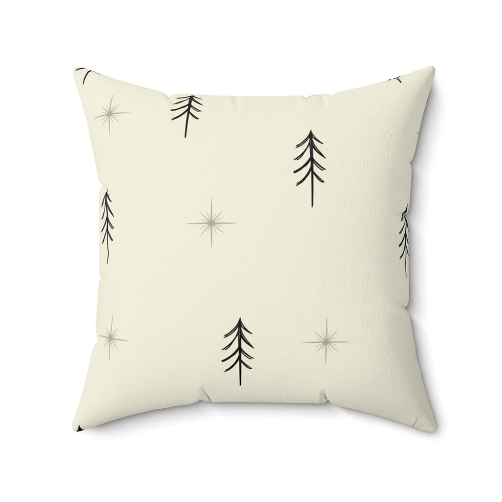 Faux suede pillow with minimalist black Christmas tree and star designs on a cream background.
