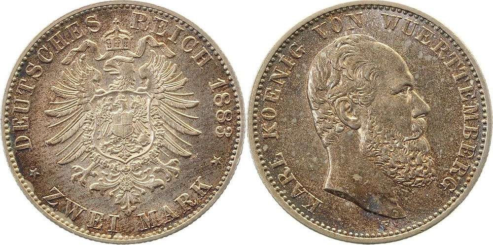 5 Mark Karl von Württemberg 1876 F J173 ss/vz Patina