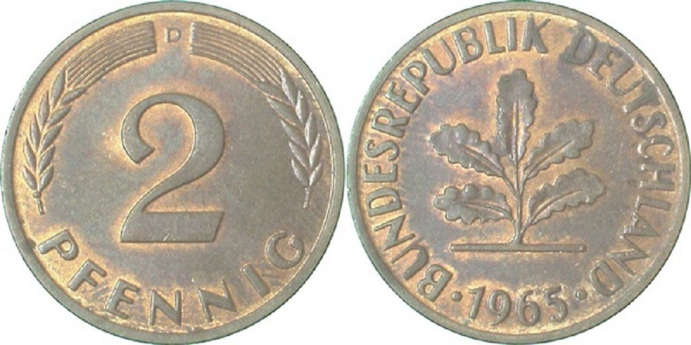 2 Pfennig 1965D stgl leicht Patina J381 stgl 2 Pfennig