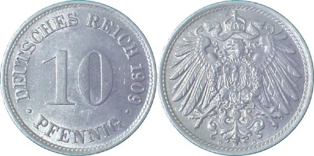10 Pfennig 1909D vz/stgl ! J013 vz / stgl 10 Pfennig