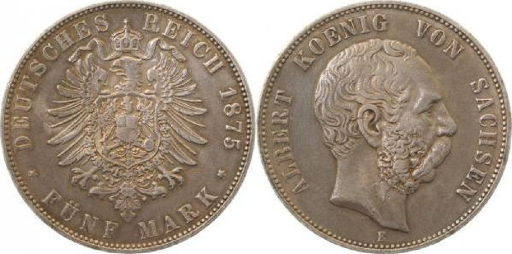 5 Mark Sachsen Albert 1875 E Patina sehr schön+