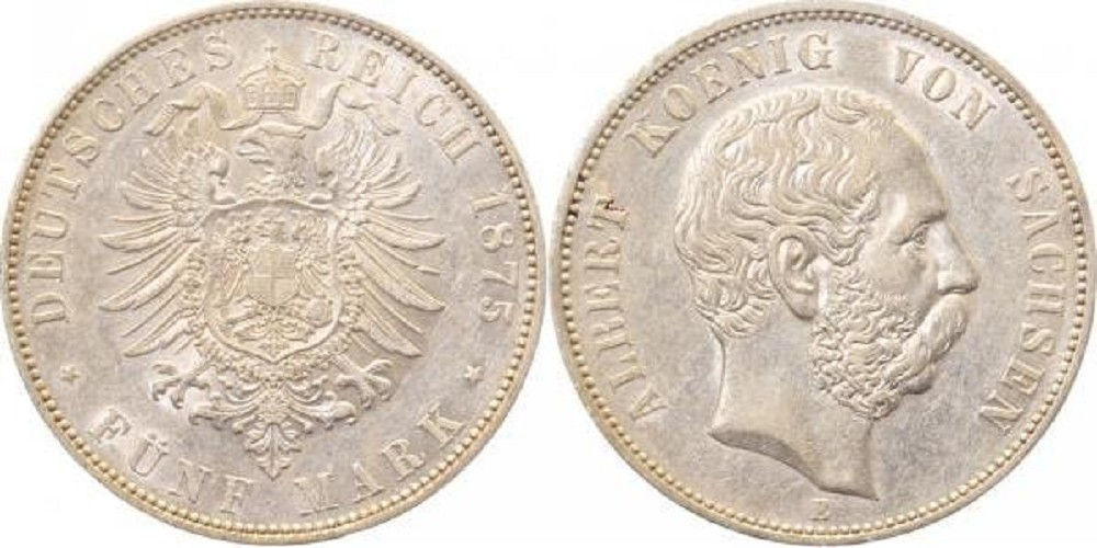 5 Mark Sachsen Albert 1875 E vorzüglich/prägefrisch