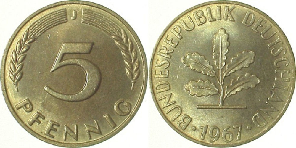 5 Pfennig 1967J bfr/stgl J382 bfr / stgl 5 Pfennig