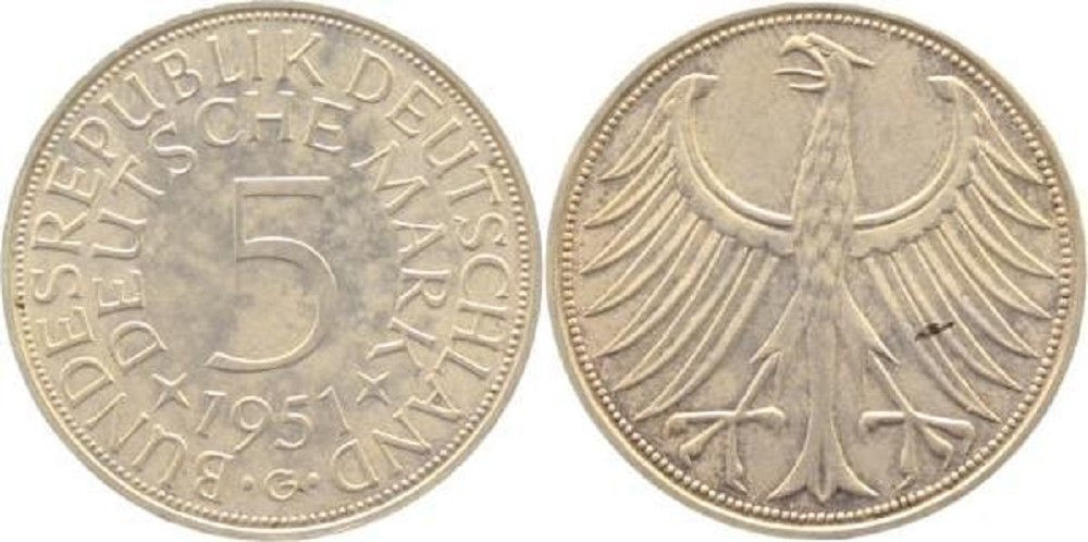 5 Deutsche Mark 1951 G J387 5 DM Silber