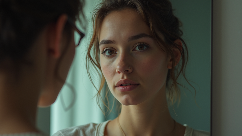 Eye-level view of a person looking at their reflection in a mirror