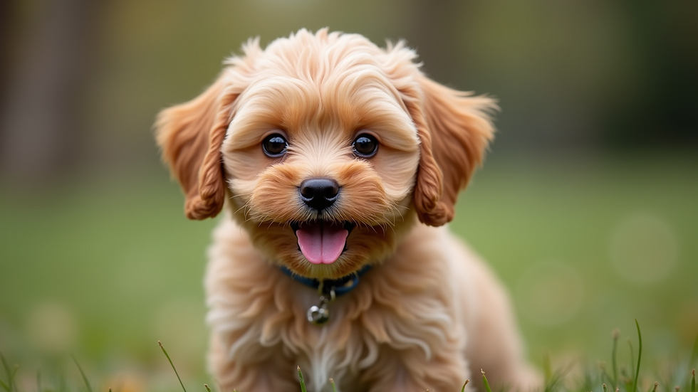 Close-up view of a playful Shihpoo puppy with a shiny coat