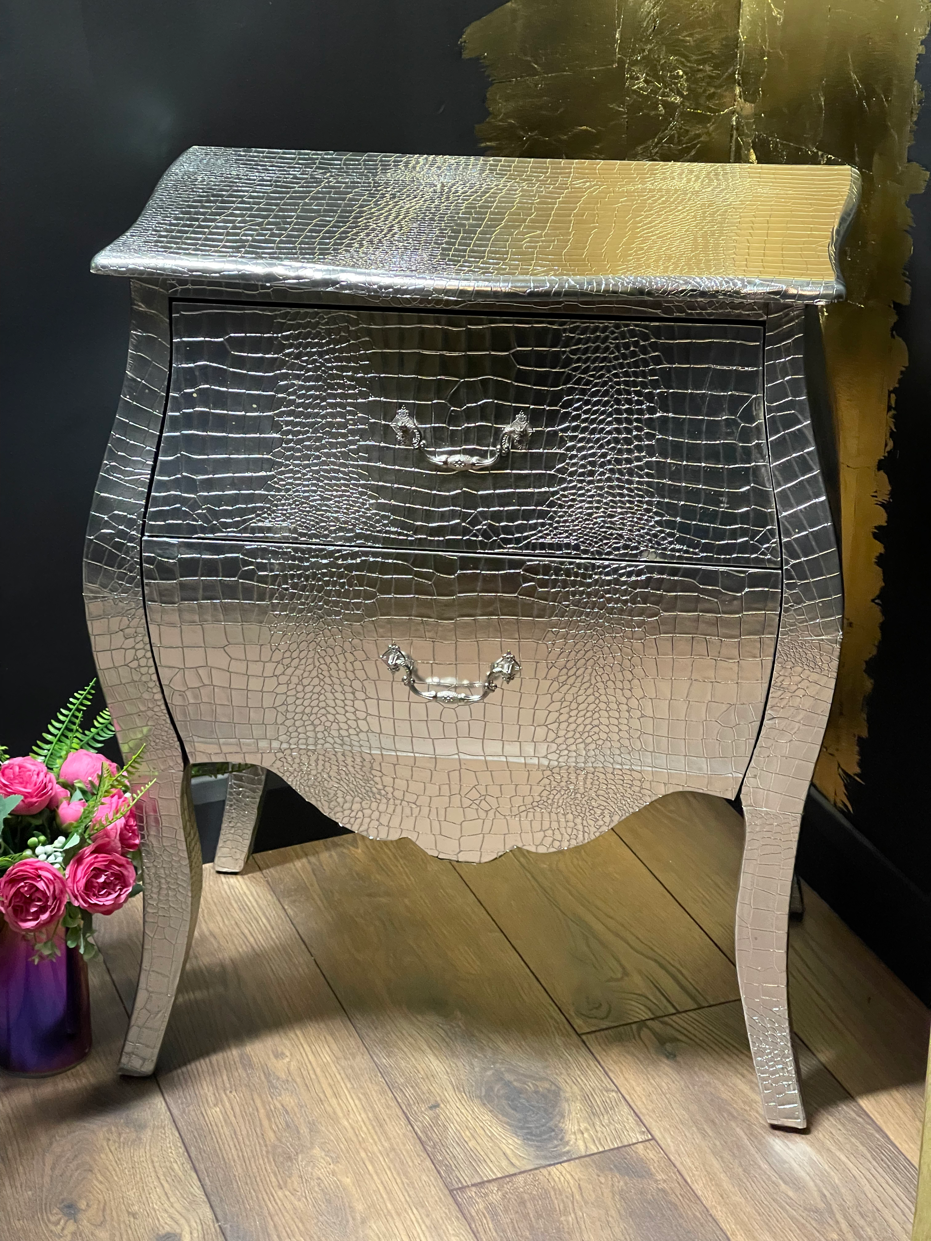 Silver Crocodile Print Large Bedside Table